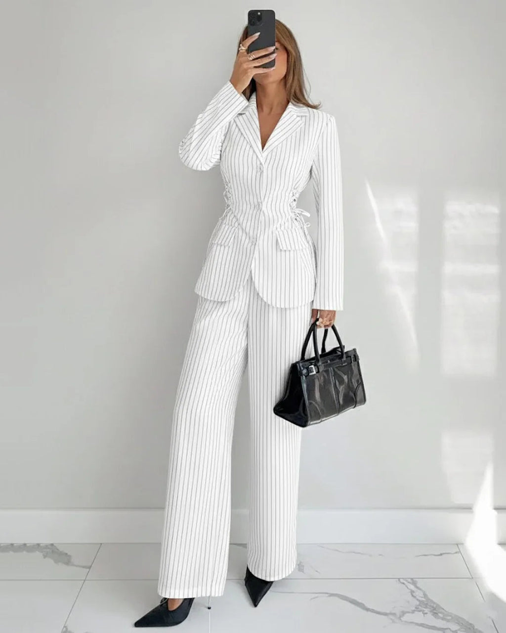 Collared Slim Fit A-Line Hem Striped Long Sleeve Blazer and Trouser Suit Set in White