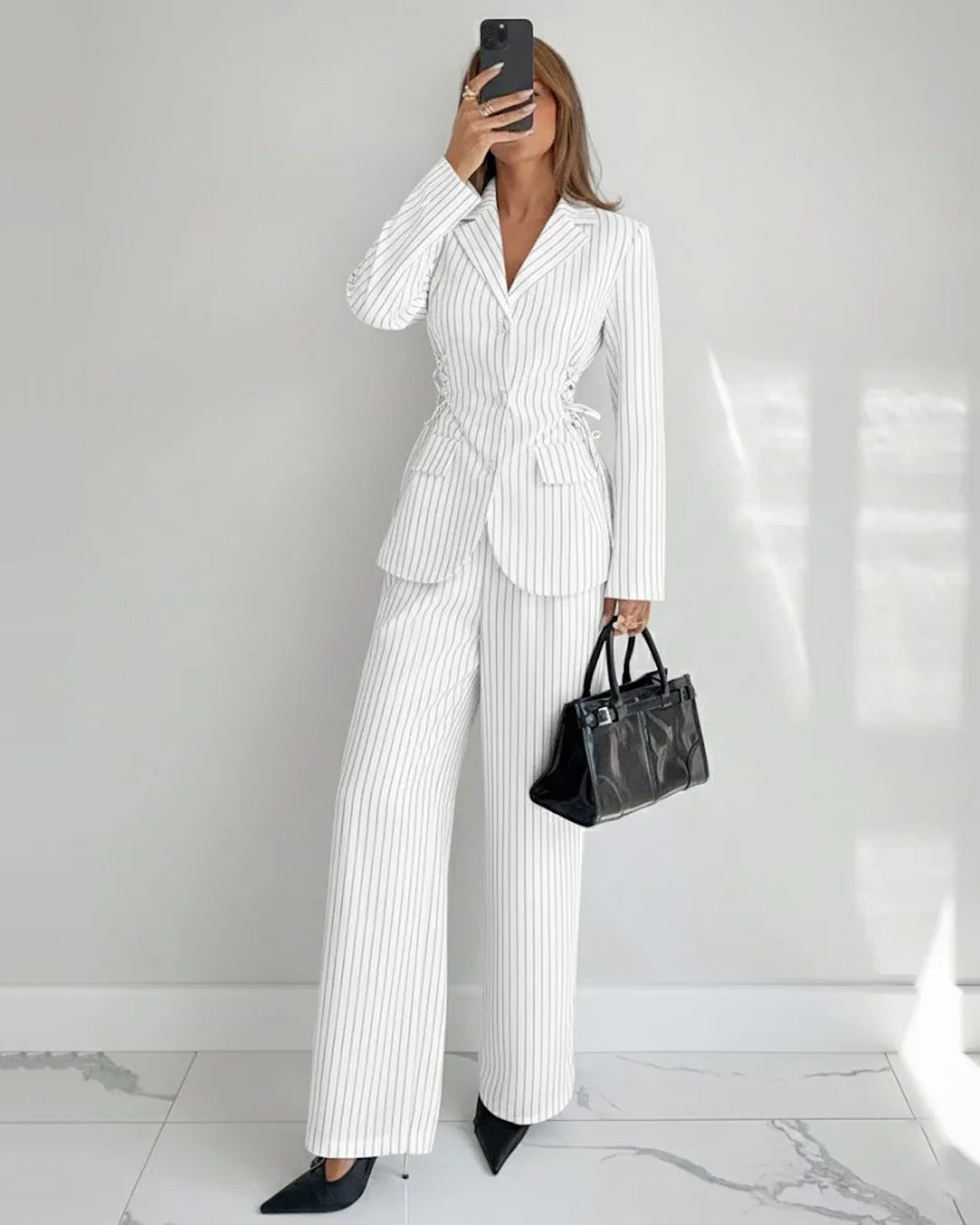 Collared Slim Fit A-Line Hem Striped Long Sleeve Blazer and Trouser Suit Set in White