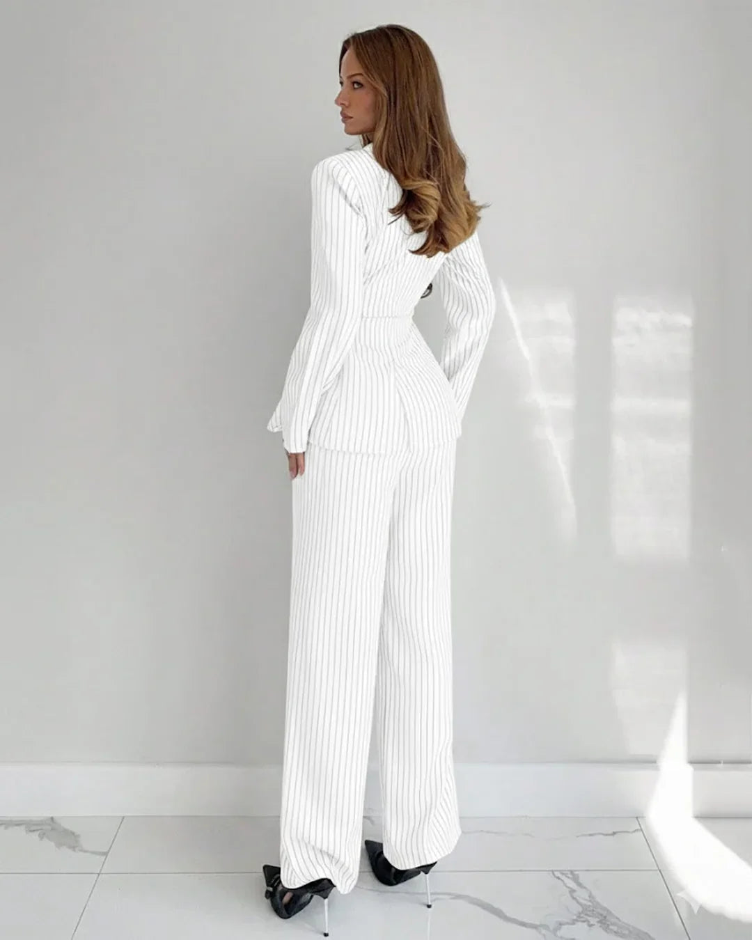 Collared Slim Fit A-Line Hem Striped Long Sleeve Blazer and Trouser Suit Set in White