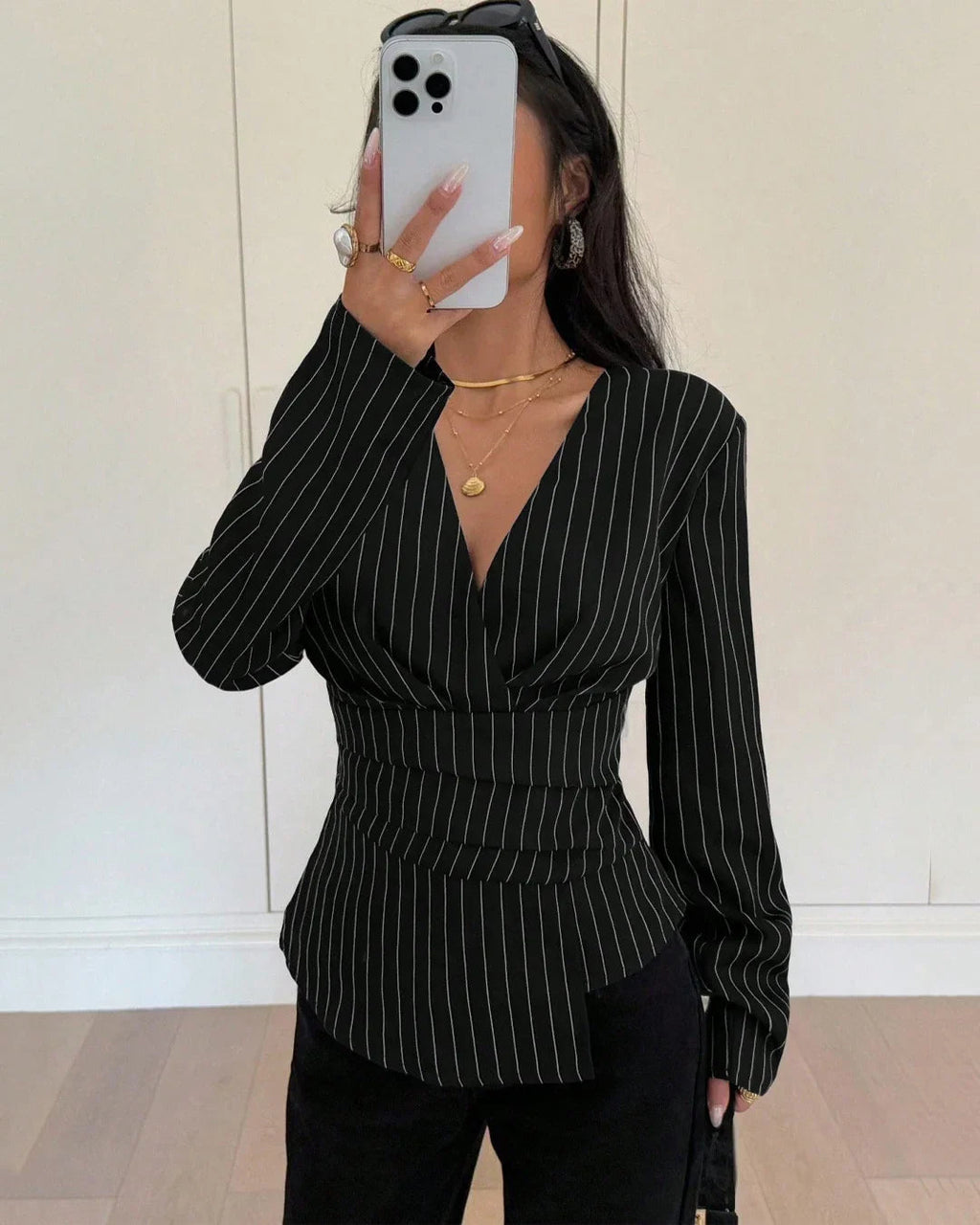 Notch Lapel Neck Striped Full Sleeve Top in Black