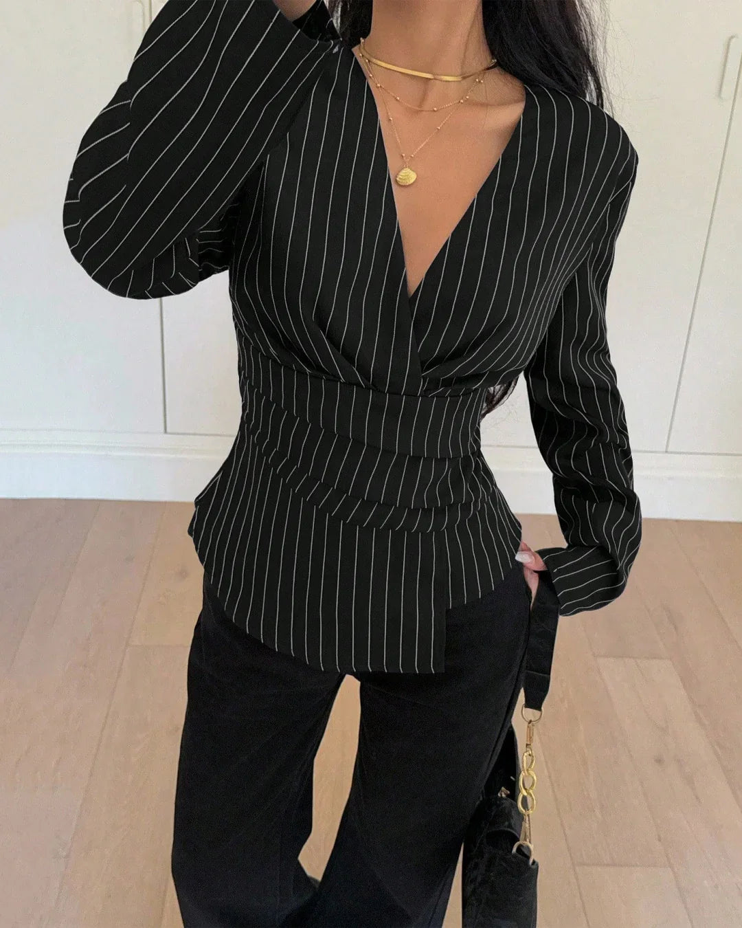 Notch Lapel Neck Striped Full Sleeve Top in Black