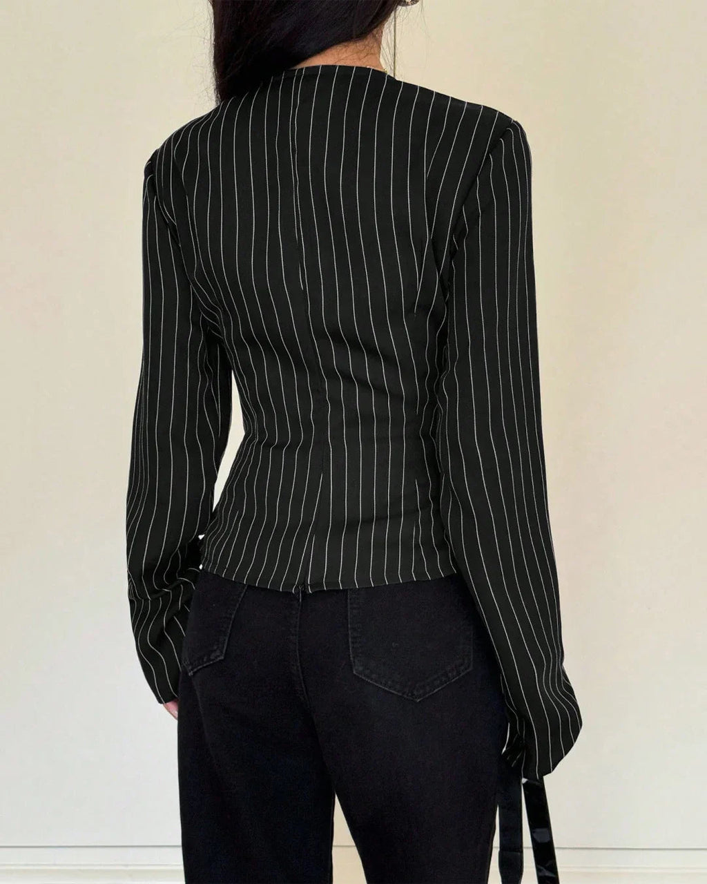 Notch Lapel Neck Striped Full Sleeve Top in Black