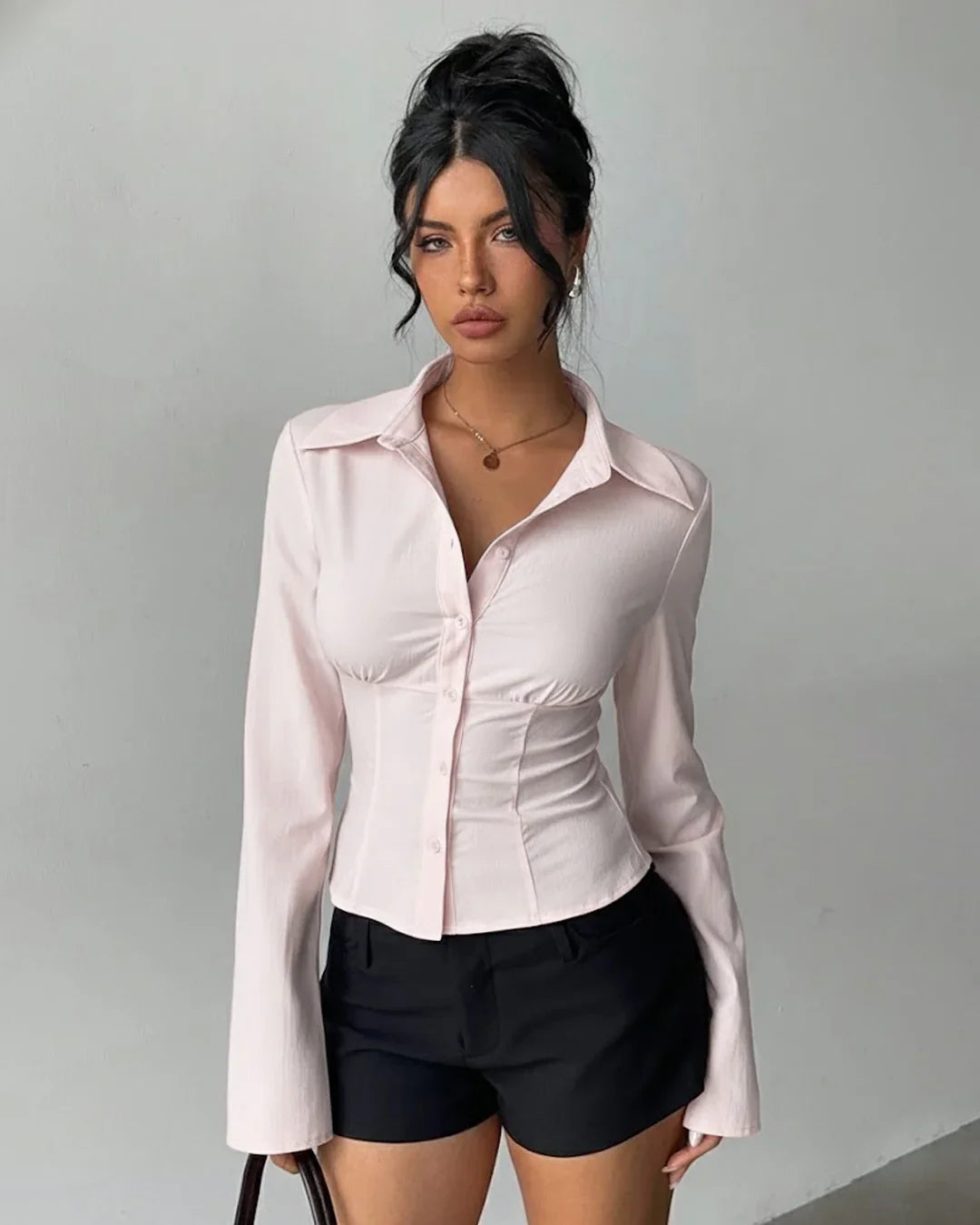 Collared V-Neck Slim Fit Straight Hem Ruched Waist Top in Baby Pink