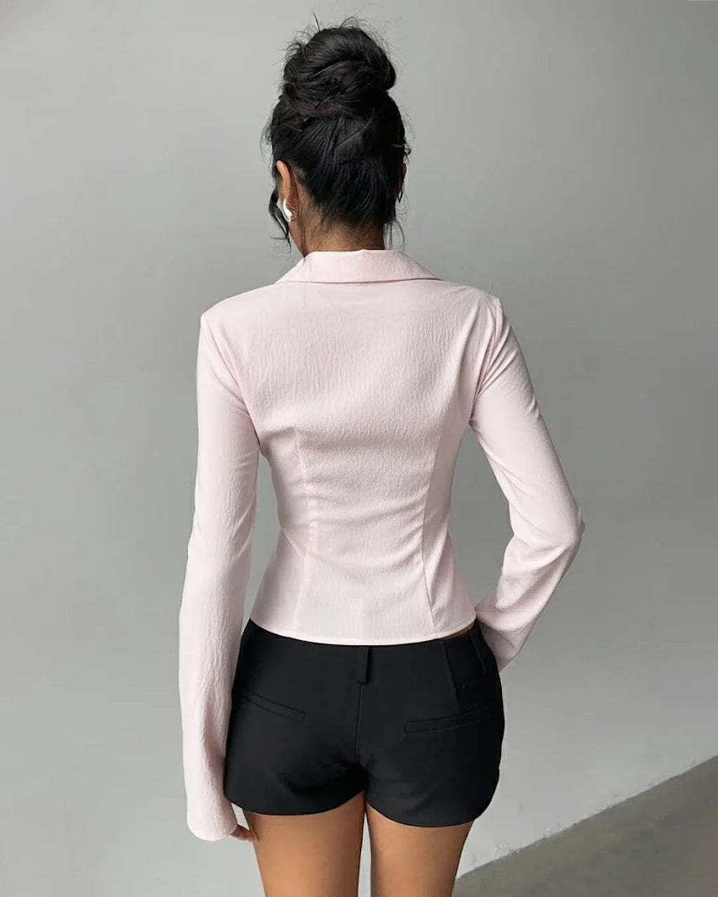Collared V-Neck Slim Fit Straight Hem Ruched Waist Top in Baby Pink