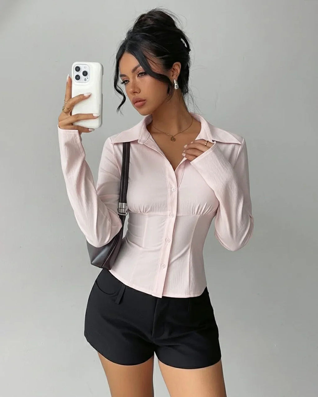 Collared V-Neck Slim Fit Straight Hem Ruched Waist Top in Baby Pink