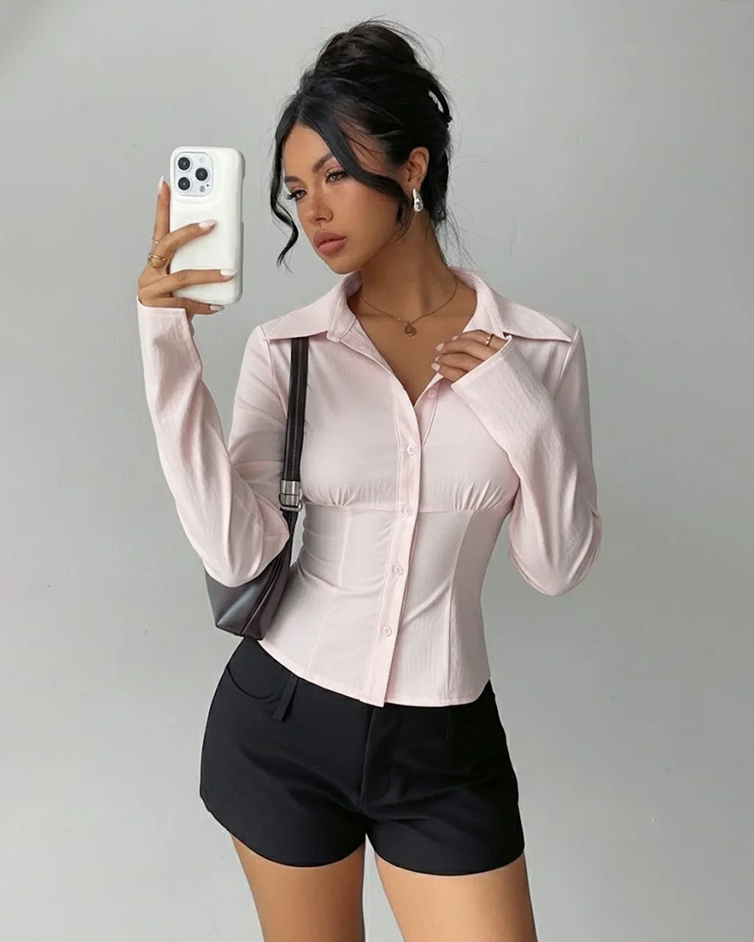 Collared V-Neck Slim Fit Straight Hem Ruched Waist Top in Baby Pink