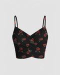 Mesh V-Neck Ruched Strappy Floral Black Crop Top