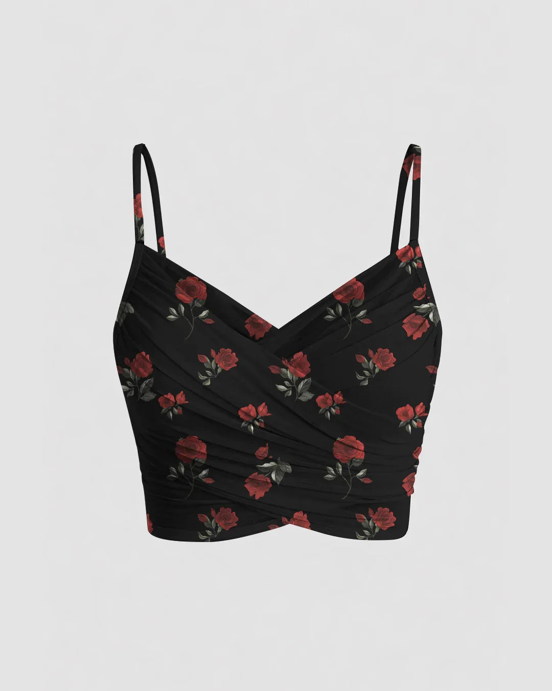 Mesh V-Neck Ruched Strappy Floral Black Crop Top