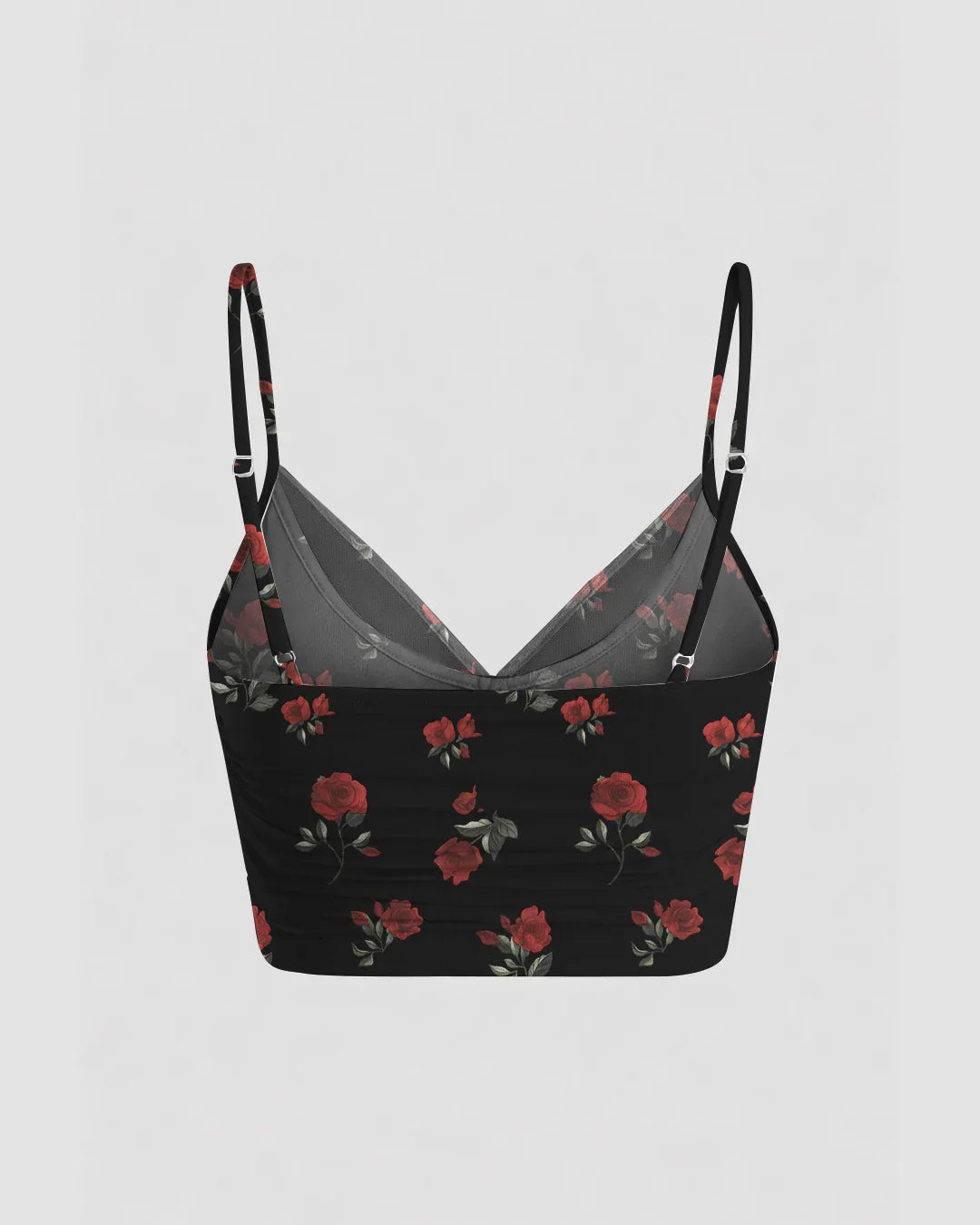 Mesh V-Neck Ruched Strappy Floral Black Crop Top