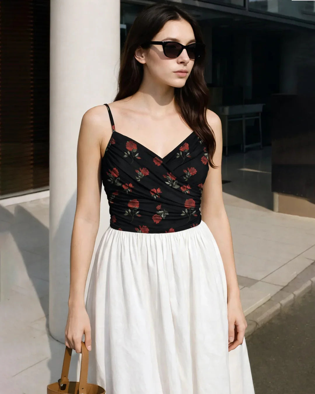 Mesh V-Neck Ruched Strappy Floral Black Crop Top