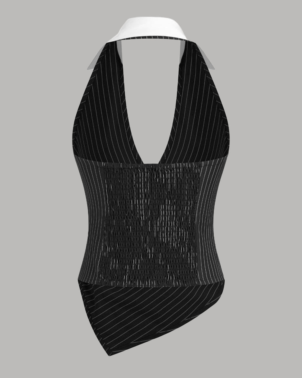 Polo Neck Stripe Ruched Shirred Asymmetrical Hem Top in Black