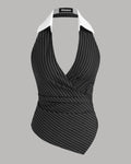 Polo Neck Stripe Ruched Shirred Asymmetrical Hem Top in Black