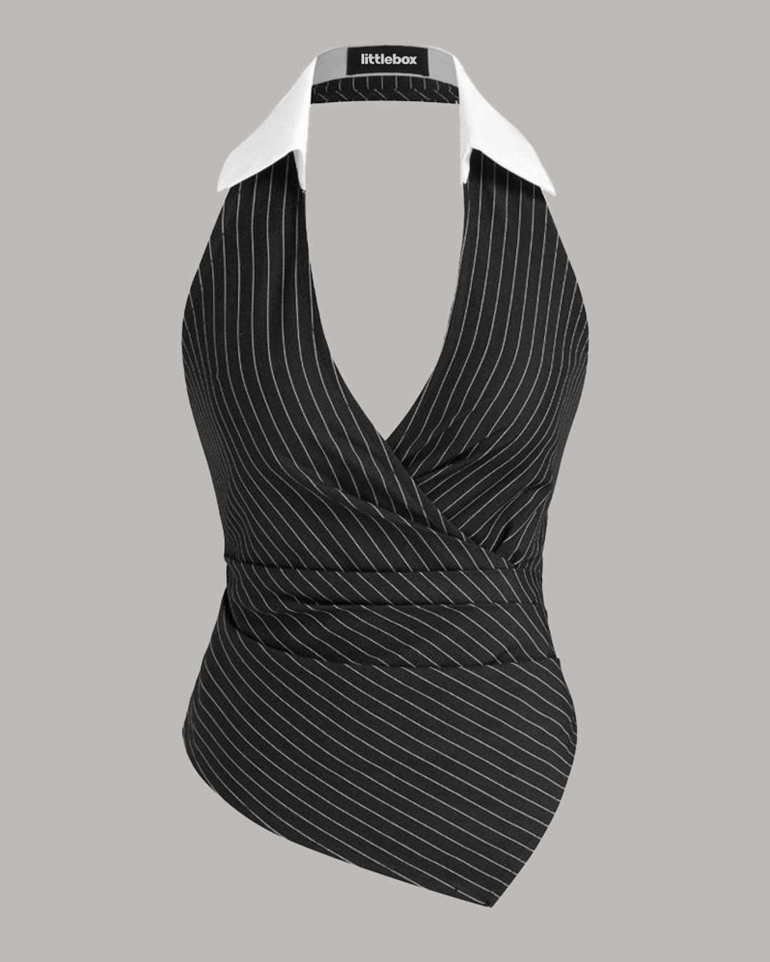 Polo Neck Stripe Ruched Shirred Asymmetrical Hem Top in Black