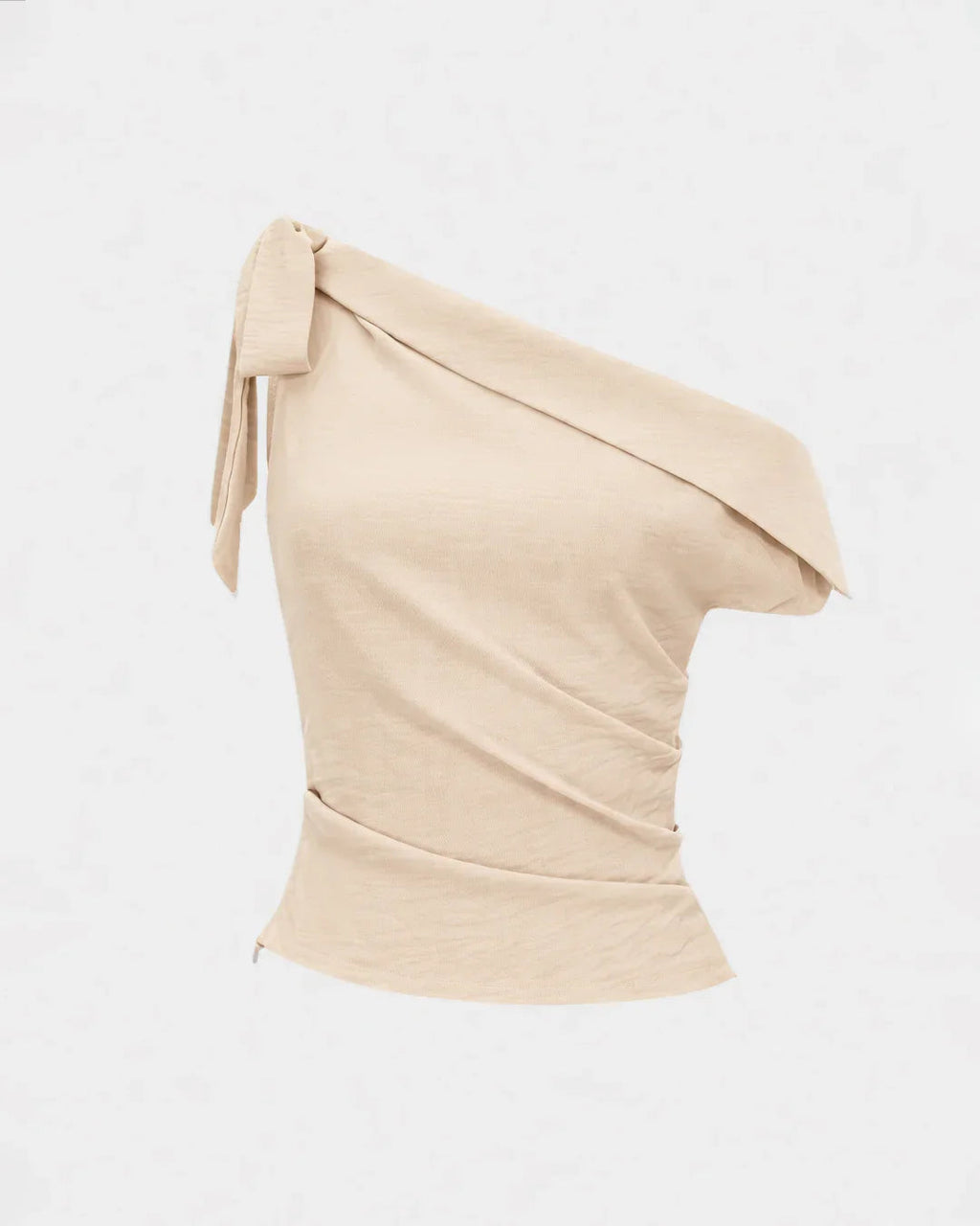 Tie-Up One Shoulder Asymmetric Ruched Sleeveless Cami Top in Beige