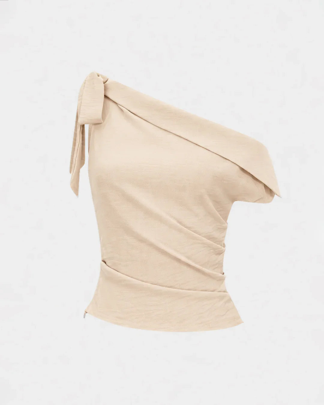 Tie-Up One Shoulder Asymmetric Ruched Sleeveless Cami Top in Beige