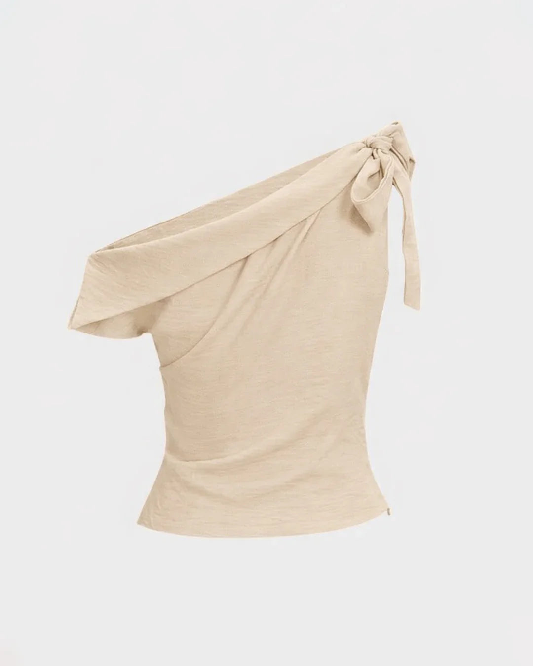 Tie-Up One Shoulder Asymmetric Ruched Sleeveless Cami Top in Beige