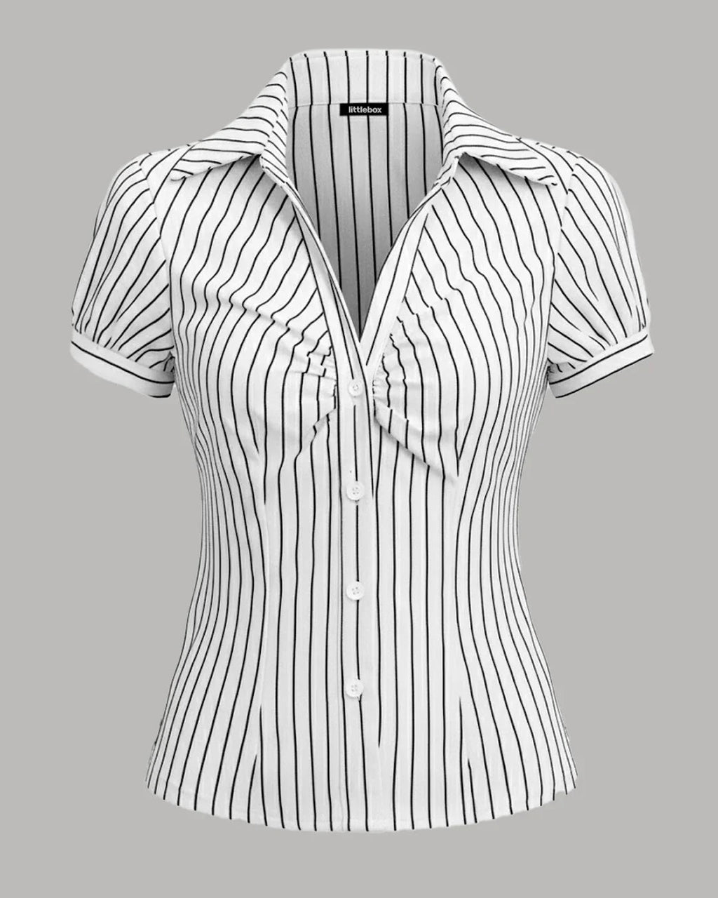 White Striped Short Sleeve Slim Fit Waist Cinched Top