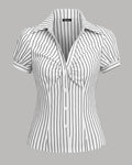 White Striped Short Sleeve Slim Fit Waist Cinched Top