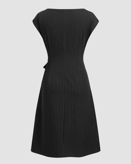 Boat Neck Stripe Knotted Ruched Midi Dress in Black
