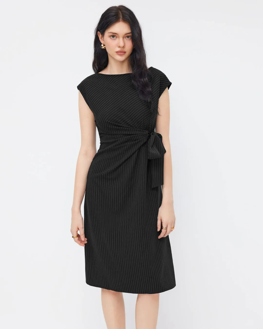 Boat Neck Stripe Knotted Ruched Midi Dress in Black