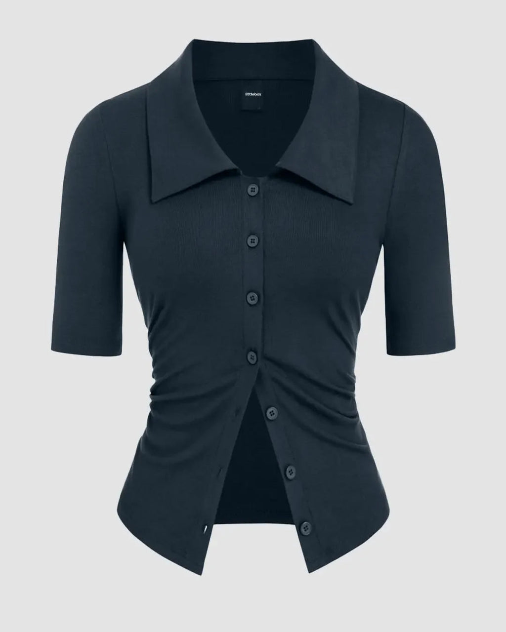 Collar Ruched Cinched Waist Mid-length Sleeve Top in Navy Blue
