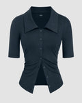 Collar Ruched Cinched Waist Mid-length Sleeve Top in Navy Blue