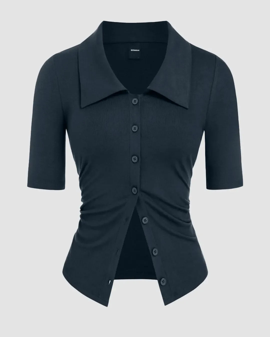 Collar Ruched Cinched Waist Mid-length Sleeve Top in Navy Blue