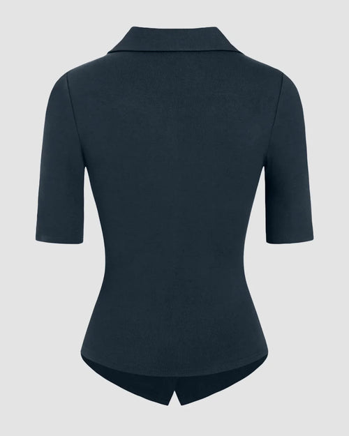 Collar Ruched Cinched Waist Mid-length Sleeve Top in Navy Blue