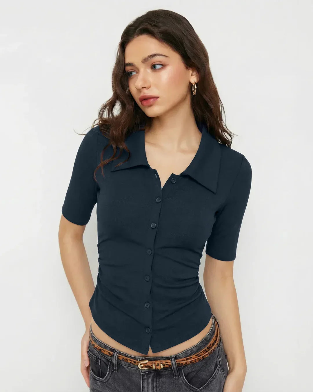 Collar Ruched Cinched Waist Mid-length Sleeve Top in Navy Blue