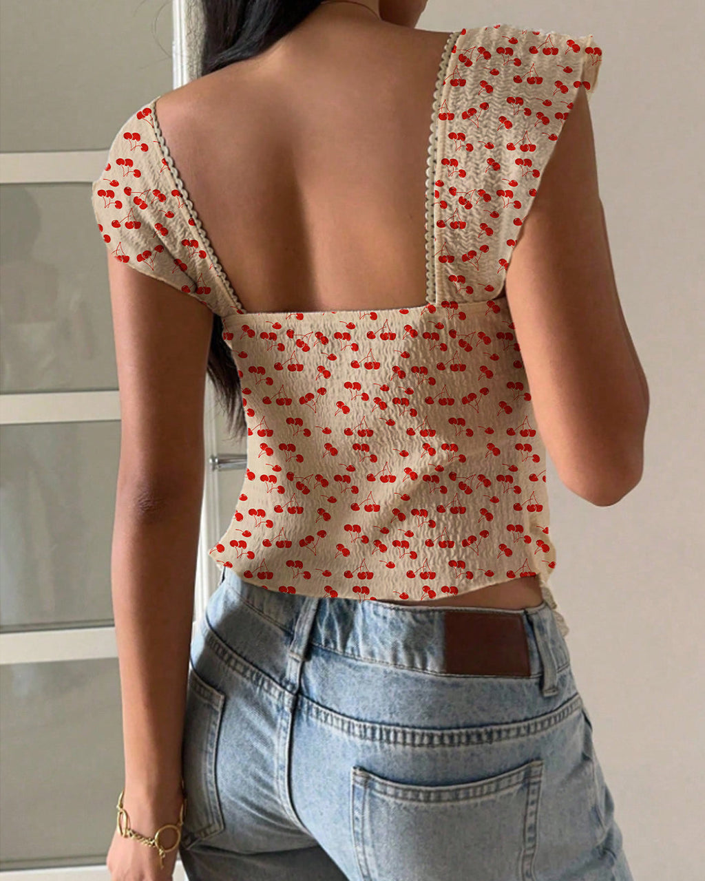 Textured Knit Double-Layer Ruffled Hem Sweetheart Neck Top