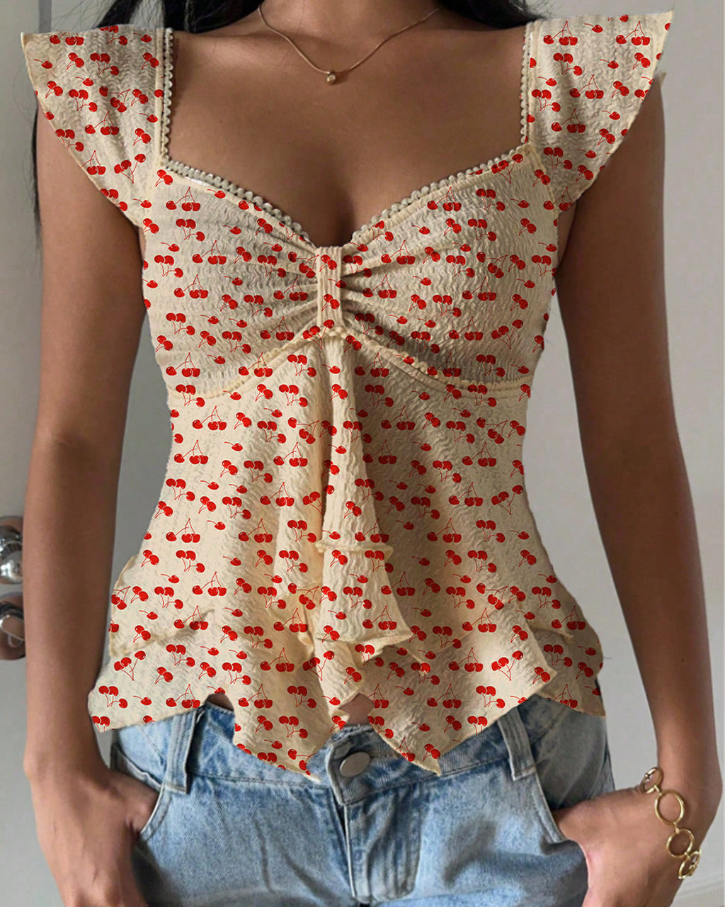 Textured Knit Double-Layer Ruffled Hem Sweetheart Neck Top