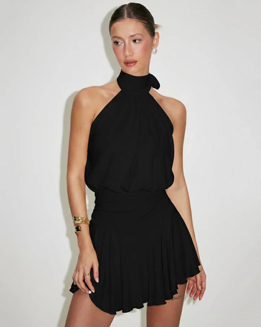 Stand Collar Sleeveless A-Line Mini Dress in Black
