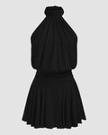 Stand Collar Sleeveless A-Line Mini Dress in Black