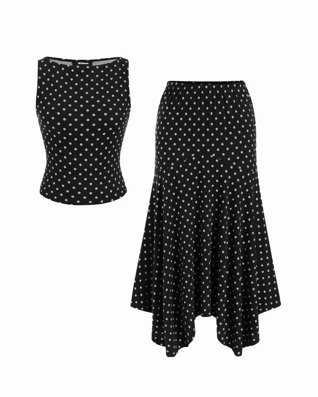 Boat Neck Polka Dot Top & Ruffle Hem Mid Rise Skirt Set