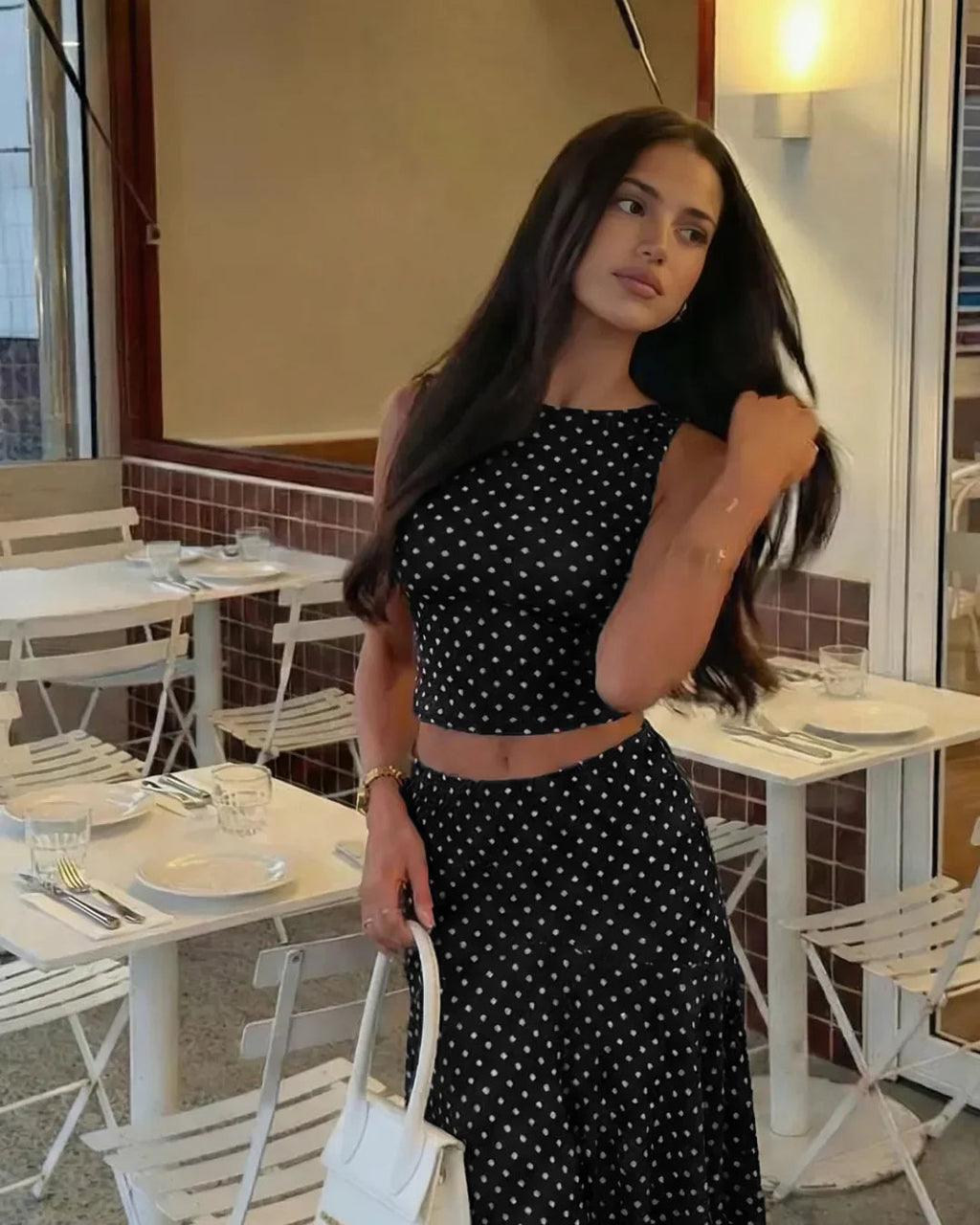 Boat Neck Polka Dot Top & Ruffle Hem Mid Rise Skirt Set