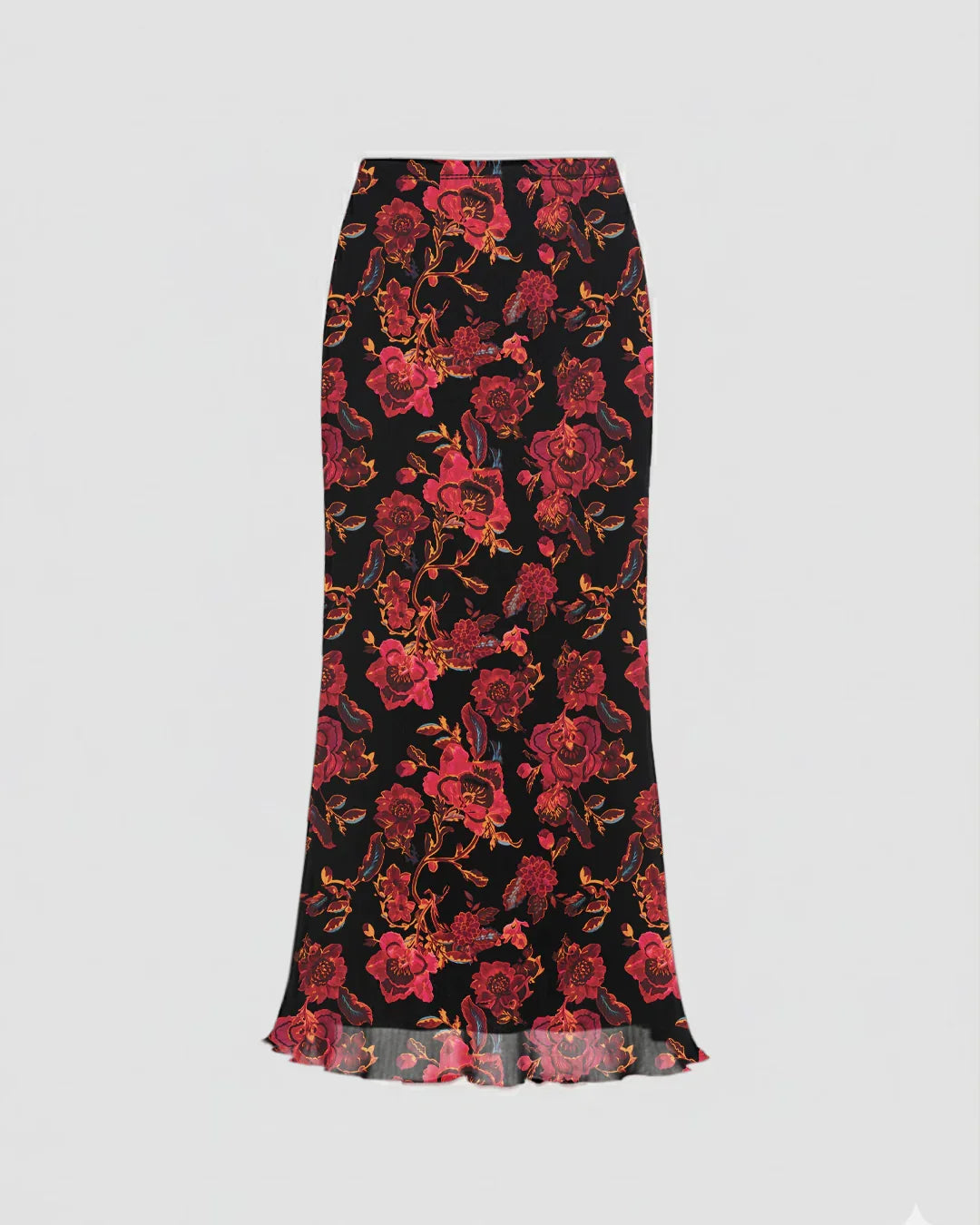 Mesh Mid Rise Floral Maxi Skirt