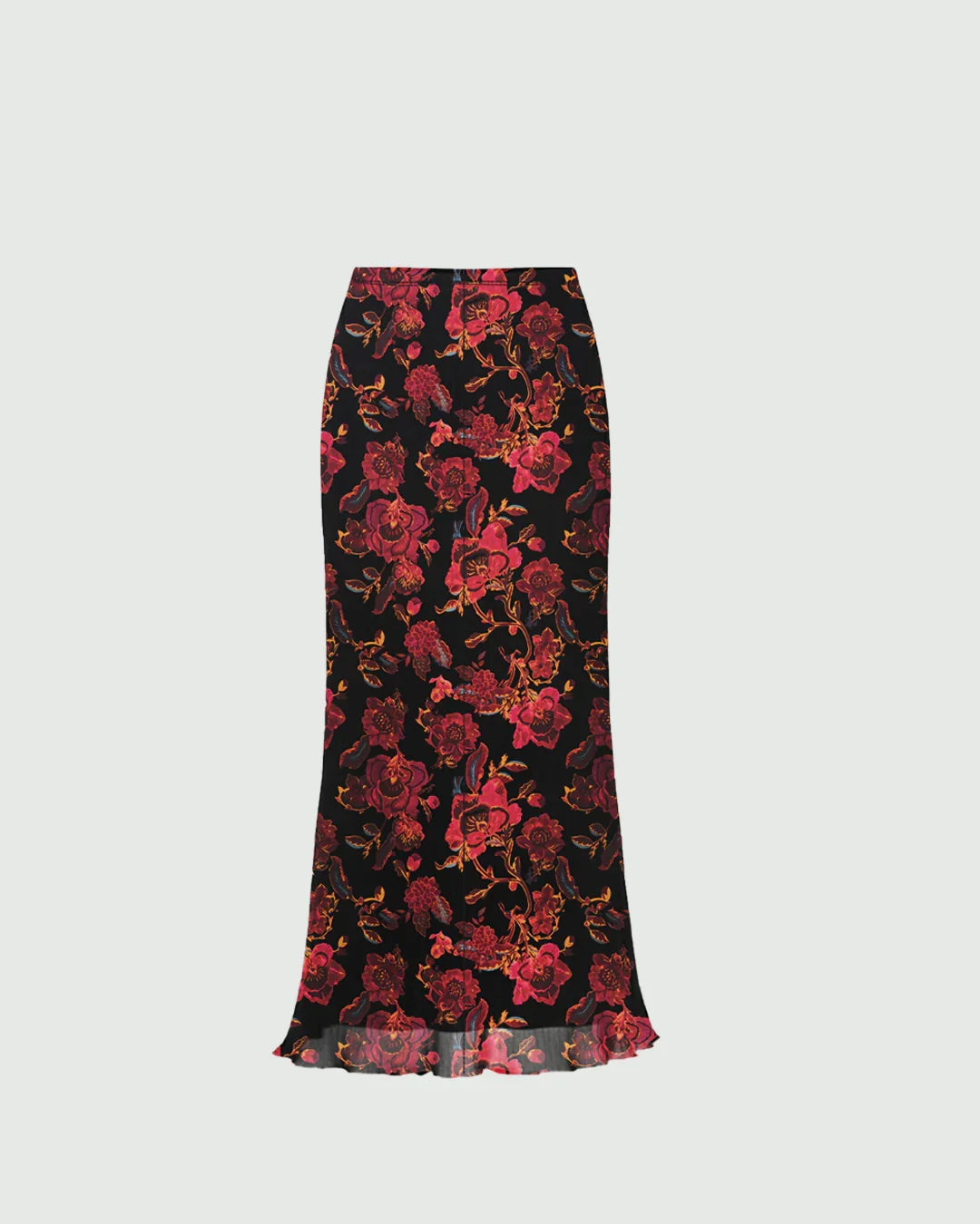 Mesh Mid Rise Floral Maxi Skirt