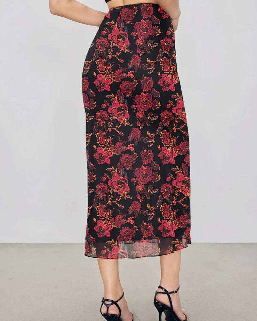 Mesh Mid Rise Floral Maxi Skirt