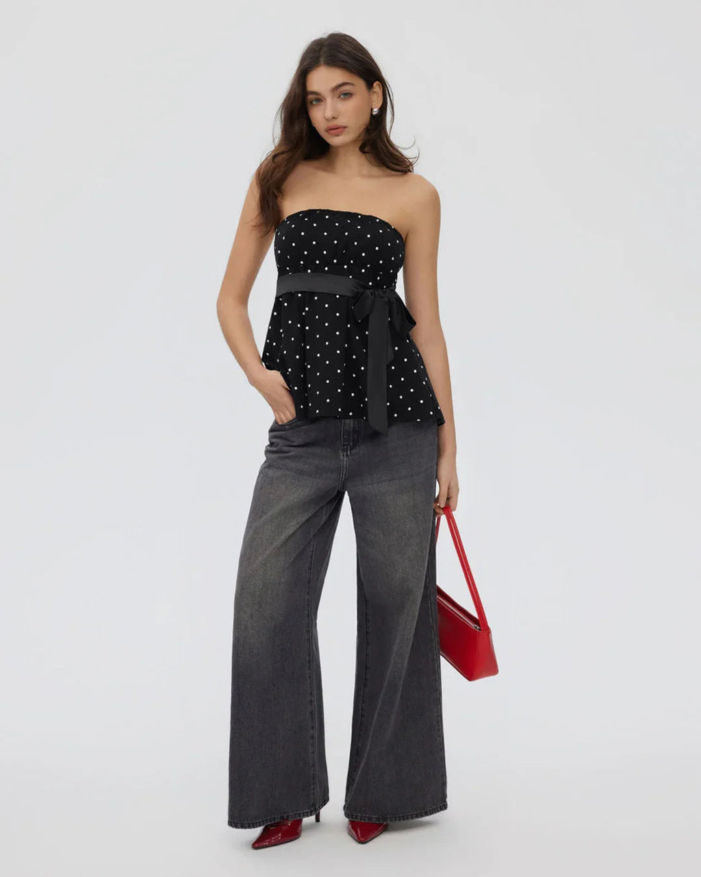 Strapless Polka Dot Bow Belt Bandeau Top