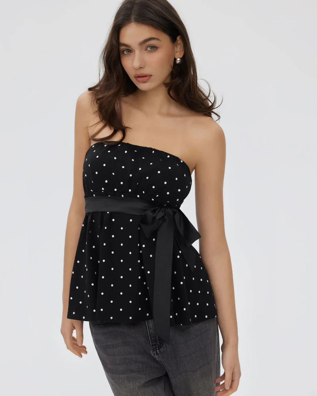 Strapless Polka Dot Bow Belt Bandeau Top