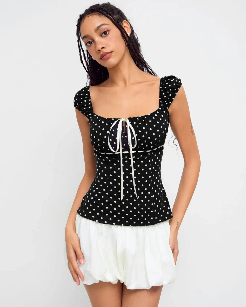 Square Neck Polka Dot Knotted Short Sleeve Top
