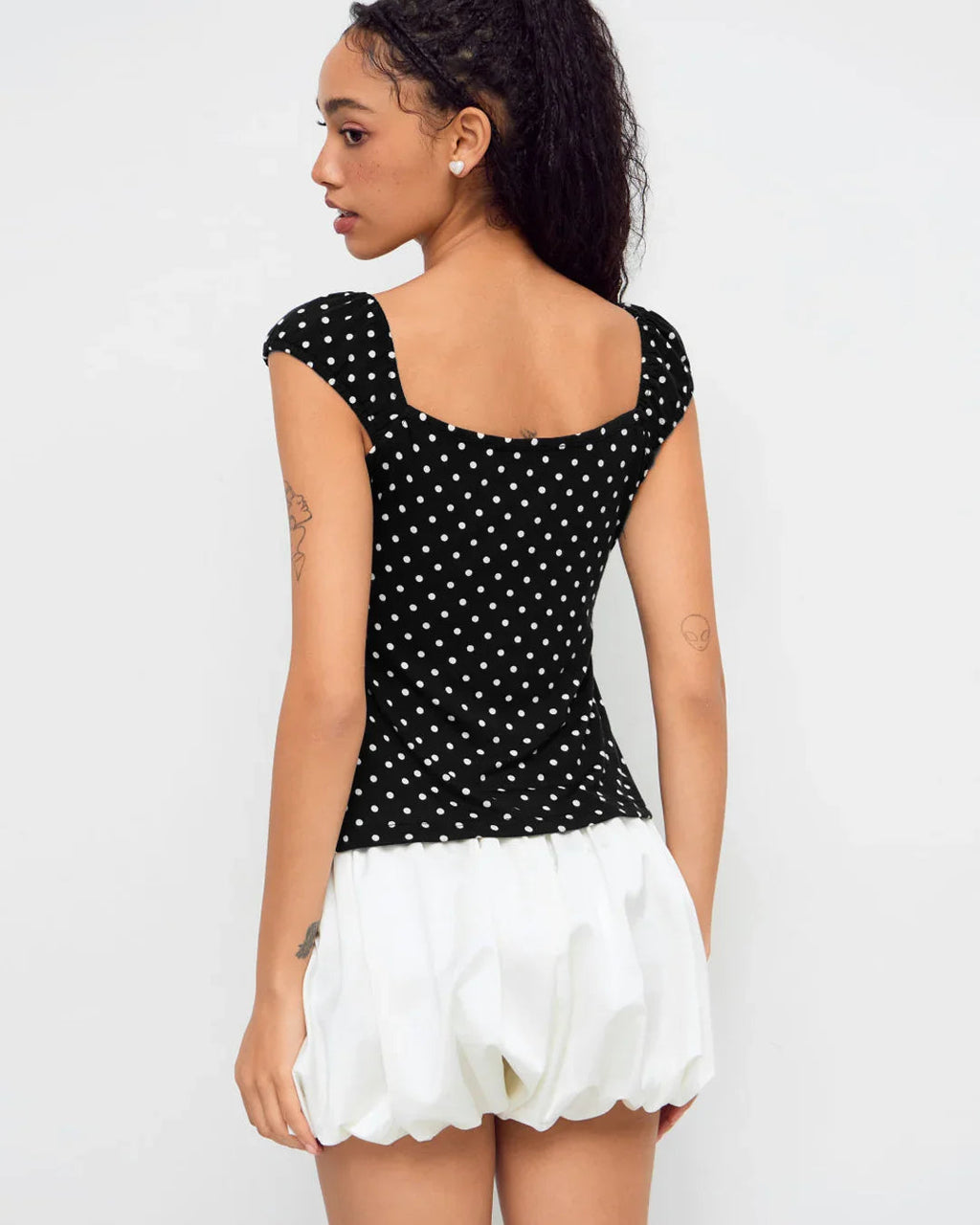 Square Neck Polka Dot Knotted Short Sleeve Top
