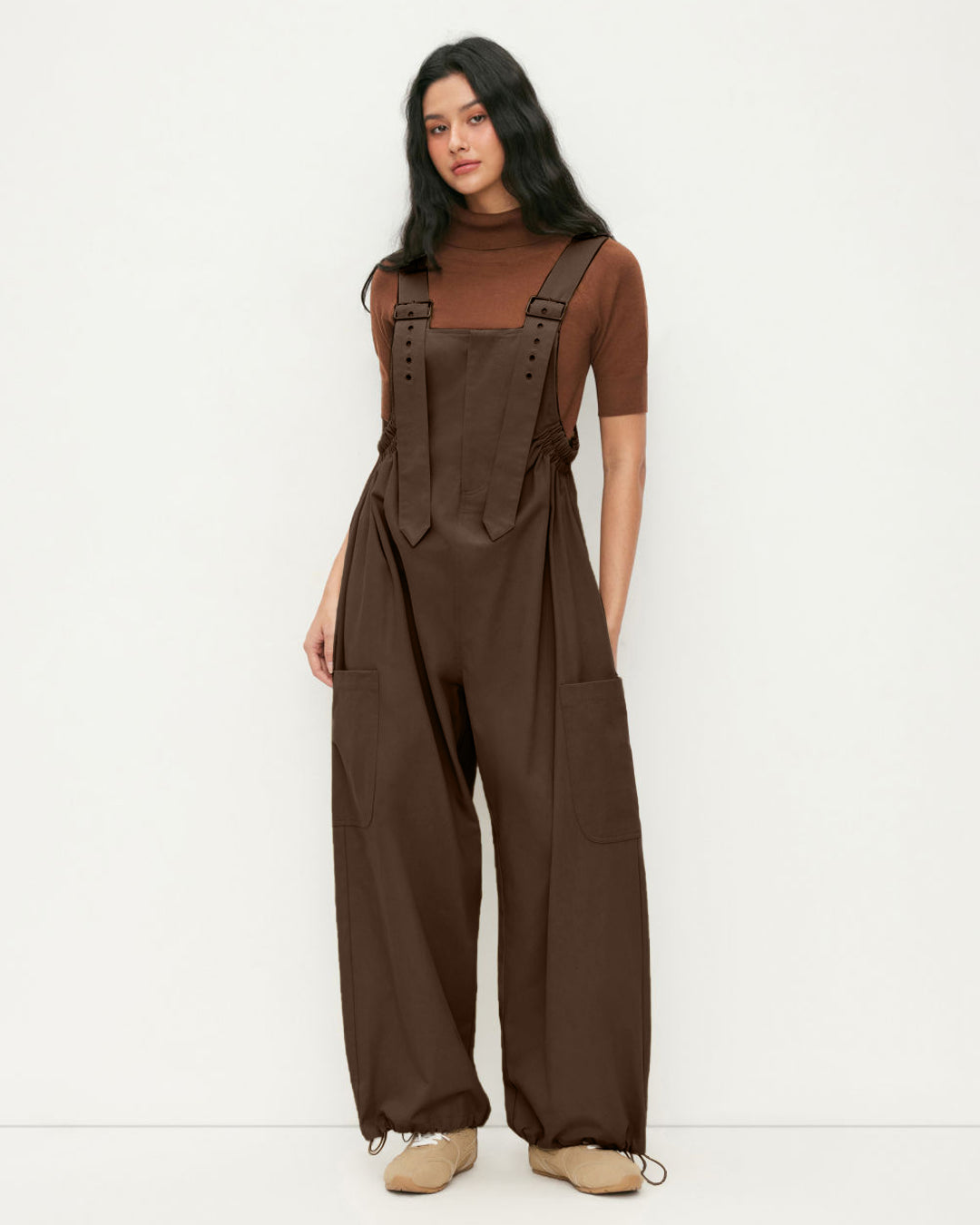 Square Neck Drawstring Wide Leg Jumpsuit in Brown