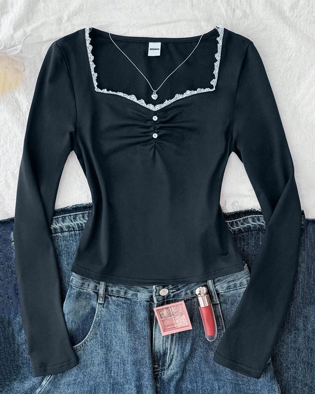 Knit Ruched Lace Trim Fitted Long Sleeve Top in Navy Blue