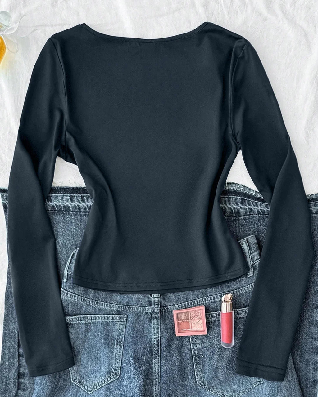 Knit Ruched Lace Trim Fitted Long Sleeve Top in Navy Blue