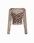 Mesh Leopard Boat Neck Long Sleeve See-through Cami Top