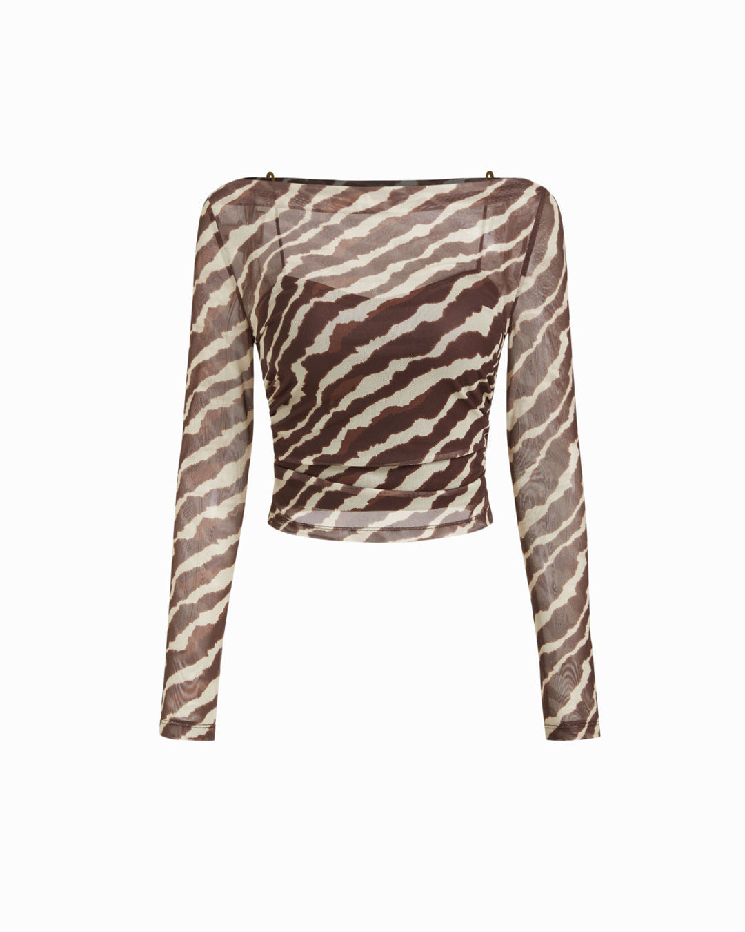 Mesh Leopard Boat Neck Long Sleeve See-through Cami Top