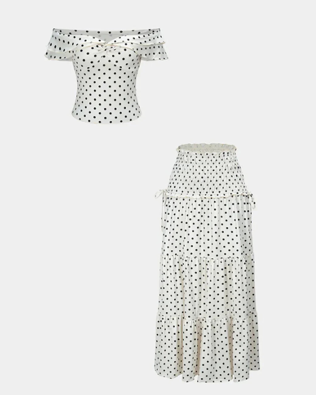 Polka Dots Print Ruched Off Shoulder Top And Tie-Up Skirt Set