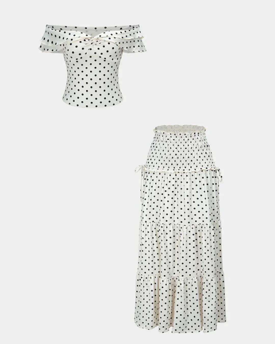Polka Dots Print Ruched Off Shoulder Top And Tie-Up Skirt Set