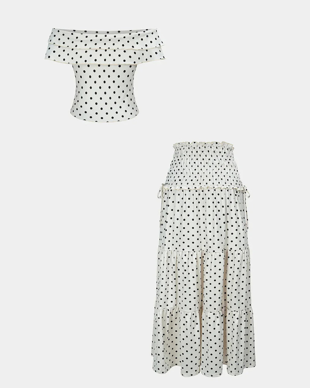 Polka Dots Print Ruched Off Shoulder Top And Tie-Up Skirt Set